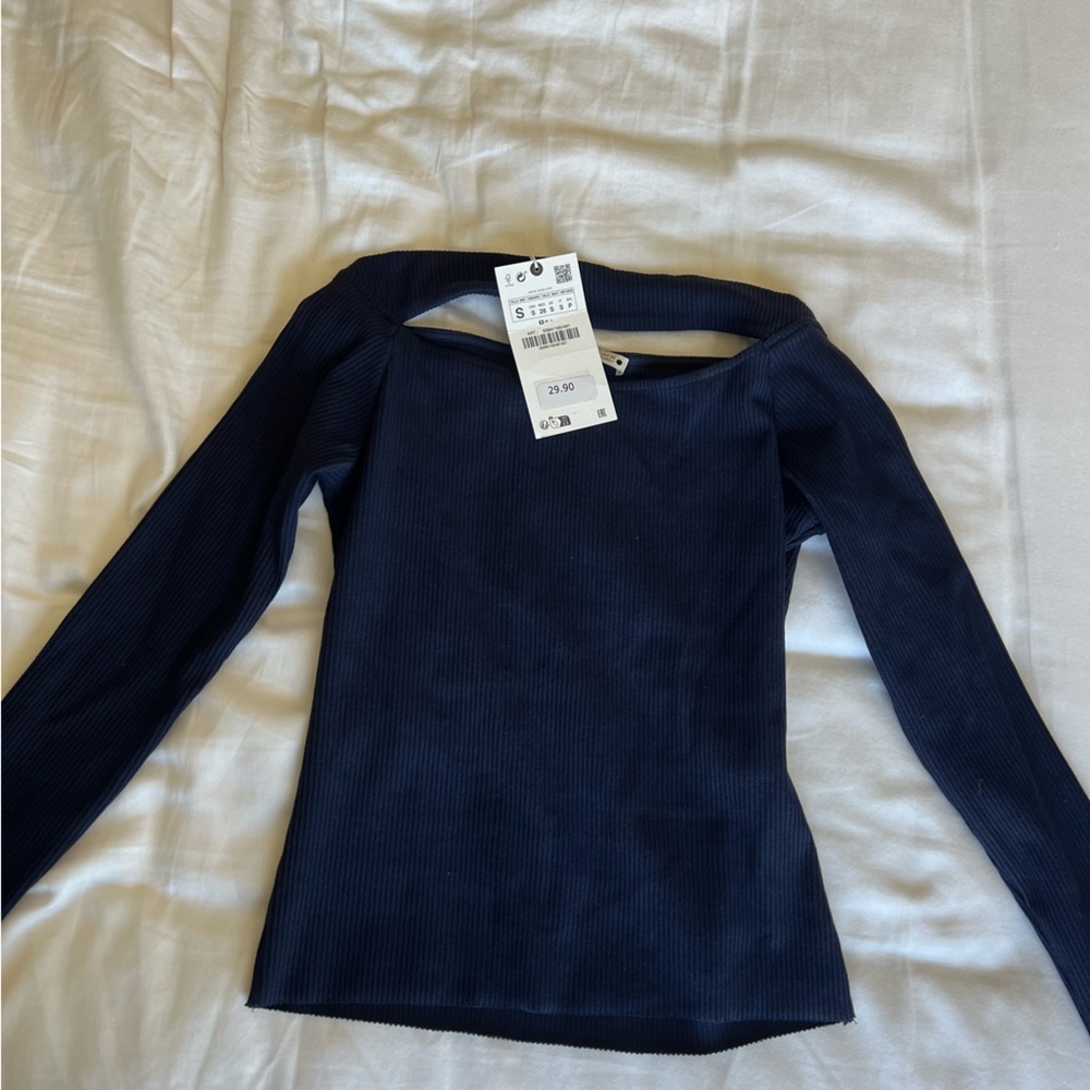 Zara navy ribbed top with open shoulders